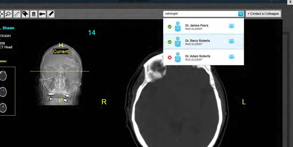 A patient image topped with a tool panel which has a predictive search box for names