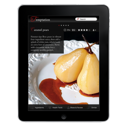The introductory screen for a caramel pear recipe