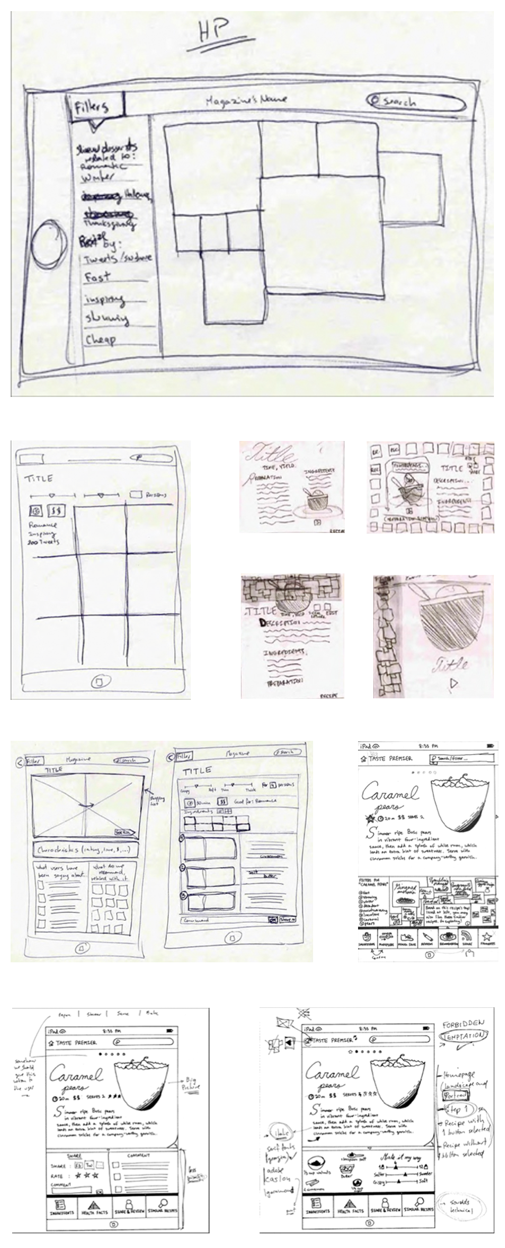 A progression of sketches rendering the interface of the app