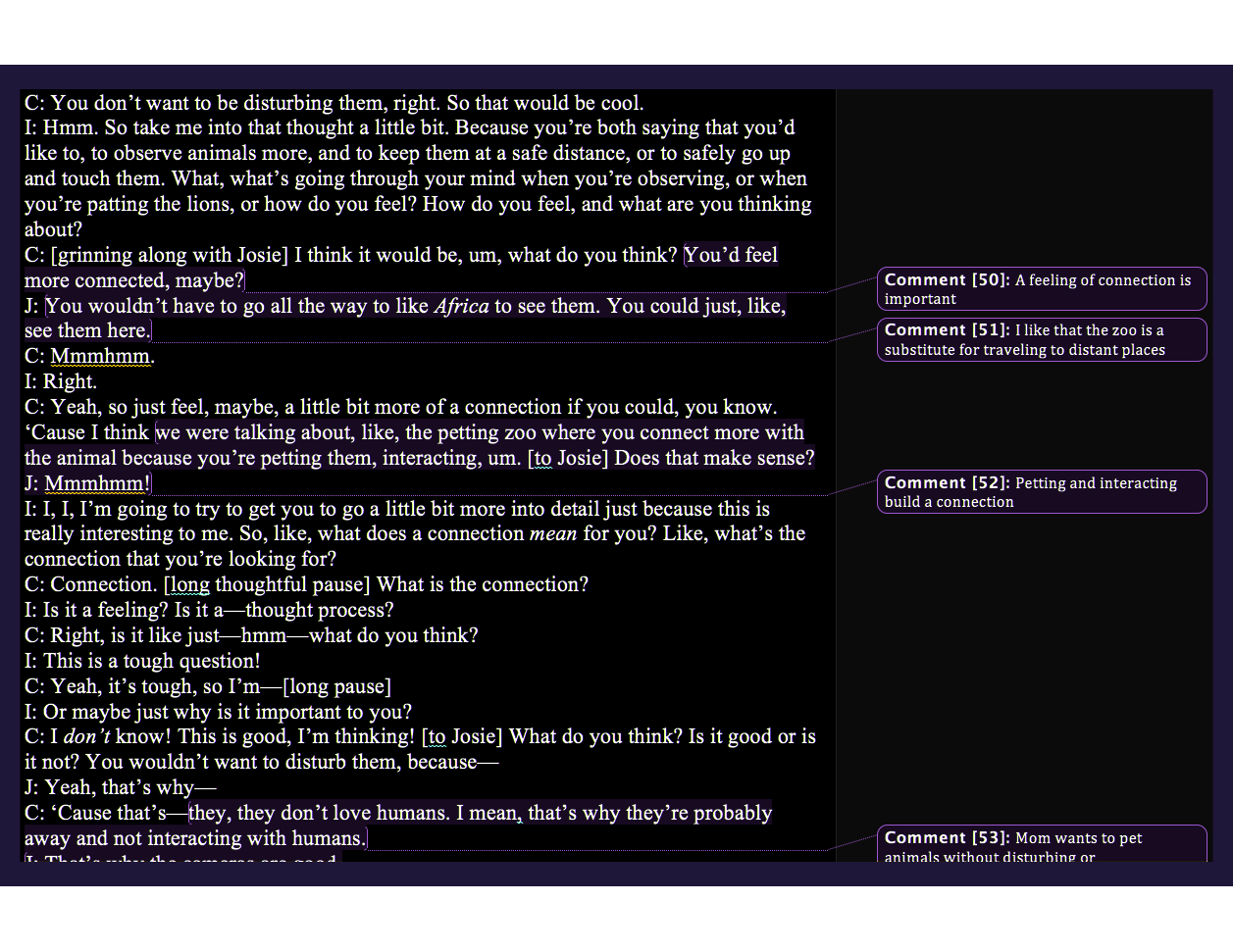 A typed transcript of an interview with two research participants, a woman and her daughter, who say that they are looking for a feeling of connection with animals