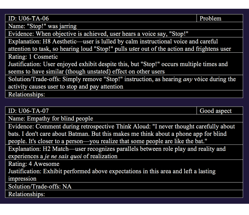 Two typed Usability Aspect Reports, one describing a problem, a sound that is jarring to testers, and the other describing a good aspect, the feeling of empathy they expressed after completing the test