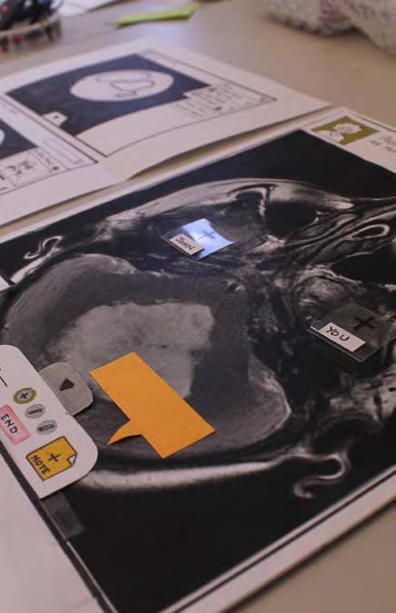 A close-up of the first paper prototype, depicting a sharing and communication panel below one in a series of scanned patient images